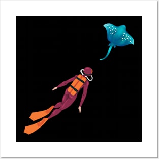 diver observes a stingray, minimalistic graphics for diving addict Posters and Art